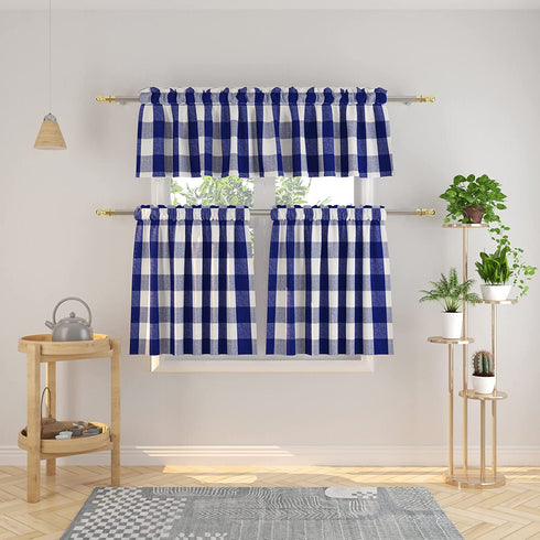 3 Pc Cotton Classic Country Farmhouse Kitchen Window Curtain -Navy Blue & White Buffalo Check Tier & Valance Set, 54" x 18" / 27" x 24"