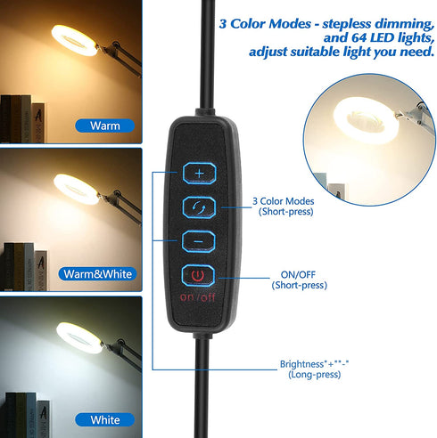 Magnifying Glass with Light and Stand, 10X Hands-Free Magnifier Double Gooseneck Magnifier 2 in 1 Clamp Table & Desk Magnifier with Phone Clip, Chip Clip Great for Reading, Hobbies, Crafts (5X White)