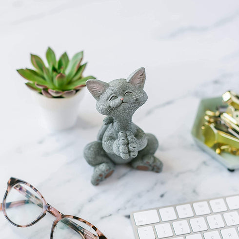 Whimsical Grey Cat Praying Figurine Cute Collectible - Happy Cat Collection - Cat Lover Gifts for Women, Cat Lover Gifts for Men, Cute Cat Gifts, Cat Office Desk Accessories, Cat Desk Decoration