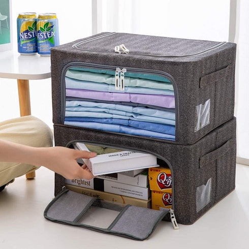Foldable Clothes Storage Bins 2 Pack,Stackable Metal Frame Closet Storage Box, Oxford Fabric Container Organizer with Clear Windows&Sturdy Carry Handles for Bedding,Clothing(22L,Grey)