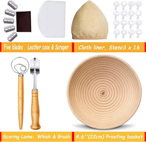 Bread Proofing Baskets Set, PATIOPTION Banneton Baskets Round Banneton Proofing Baskets Used for Making Sourdough Bread with Liner+Bread Lame+Dough+Scraper+Whisk+Stencils Baking Bowl Gift for Bakers