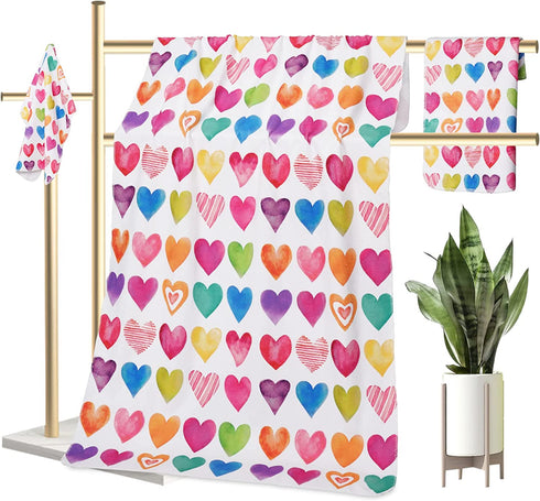 3Pcs Valentine's Day Beach Towel Set Include Beach Towel, Hand Towel and Wash Towel, Romantic Love Heart Bath Towel Set for Couples, Women, Men, Soft Towel Set for Valentine's Day Bathroom Home Decor