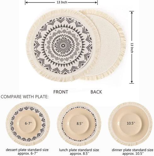 OJIA Round Placemats Set of 4,Boho Tassels Table Mats 13 Inch Black and Cream Cotton Woven Heat Proof Washable Circle Kitchen Placemats for Table Dinner Wedding Home Decoration