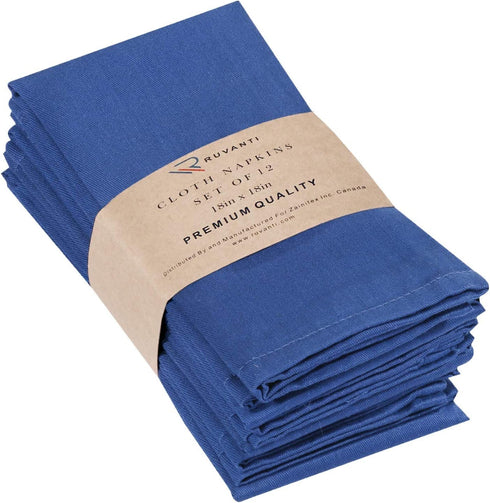 Ruvanti Dinner Cloth Napkins 12 Pack 18X18 Inch Reusable Fabric Napkins Soft, Comfortable, Durable Linen Napkins, Perfect Table Napkins, Ocean Blue / Navy Blue Napkins for Dinners, Weddings & Parties.