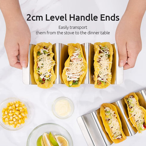 18/8 Stainless Steel Taco Holders: U-Taste Soft Hard Taco Shell Rack Oven Safe Metal Corn Tortilla Serving Tray Plates Stand Set with Handle and Rounded Curves (Set of 4)