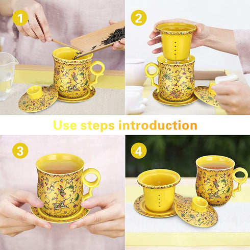 Tea Mug with Strainer Infuser/Lid/Saucer Ceramic Tea Cup Convenient System Chinese China JINGDEZHEN Porcelain Personal Travelling Teacup Set, Noble Enamel Yellow, 13.5oz(400ml)