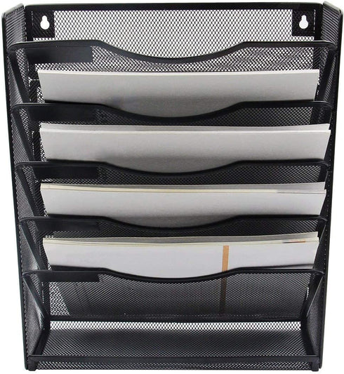 Klickpick Office 5 Sections Hanging Files Wall Mounted Metal Mesh Document File Organizer Magazine Holder Rack Desk Organizer Racks Multipurpose Use To Display File(Black, 5 tray wall racks New style)