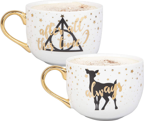 Harry Potter Latte Coffee Mugs, Set of 2 - After All This Time, Always - Deathly Hallows and Doe Patronus Designs - Great Valentines Day Gift - 16 oz