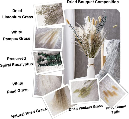 Natural Dried Flower Bouquet ,17" White Pampas Grass Branches Boho D©cor for Vase,Home D©cor Table Decorations for Party Wedding