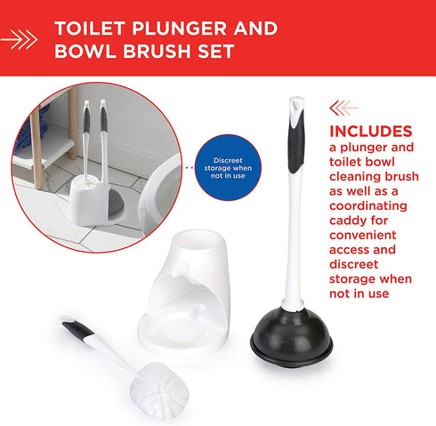 Clorox Toilet Plunger and Bowl Brush Combo Set with Caddy, 6.75" x 7" x 19.5", White/Gray