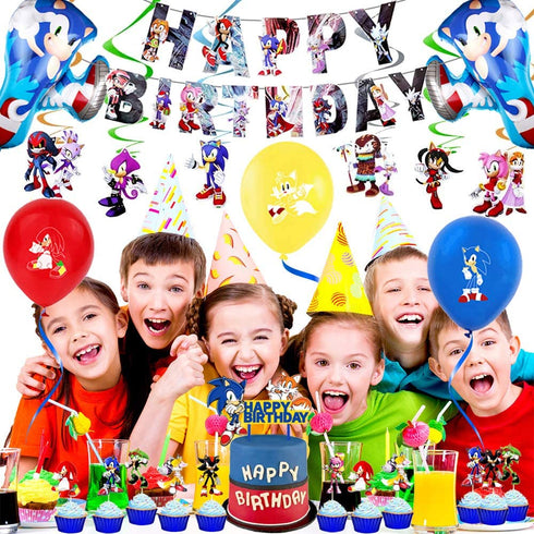 WOOACME Sonic The Hedgehog Party Supplies, 101pcs Birthday Party Decorations Include Happy Birthday Banner, Hanging Swirls Decorations, Foil Balloons and Latex Balloons, Stickers, Cake Topper and Table Cover for Kids