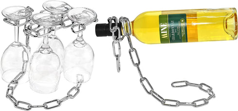 Southern Homewares Magic Floating Chain Wine Glass Stemware Rack & Wine Bottle Holder Set Chrome Free Standing Holder