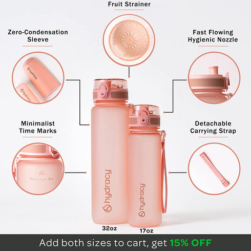 Hydracy Water Bottle with Time Marker - 500 ml 17 Oz BPA Free Water Bottle - Leak Proof & No Sweat Gym Bottle with Fruit Infuser Strainer - Ideal Gift for Fitness or Sports & Outdoors - Rose Gold