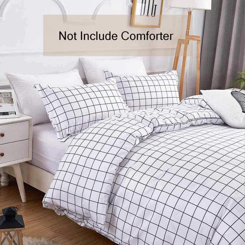Twin Duvet Cover Set, 2 Piece - 68x90 1200 TC Plain Microfiber Down Quilt Bedding Cover with Zipper Ties for Women Rustic Farmhouse, White Grid