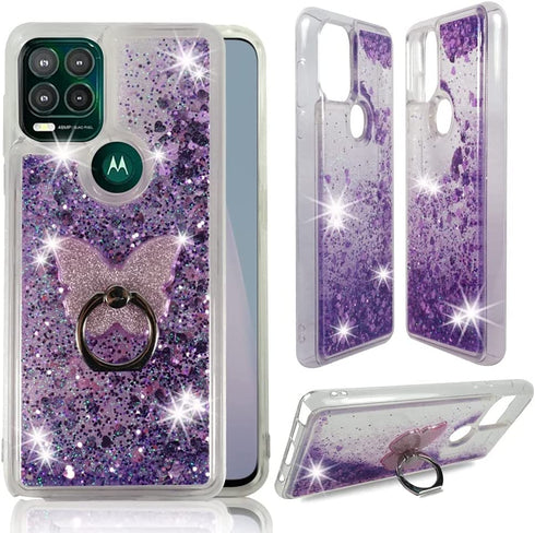 Motorola Moto G Stylus 5G Clear Case, ZASE Liquid Glitter Sparkle Bling Compatible with Moto G Stylus 5G Cute Girls Women Protective Flexible Cover Floating Quicksand w/Phone Ring Stand (Purple)