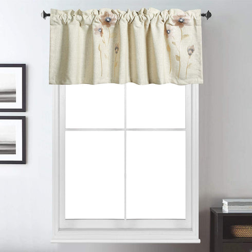 VOGOL Valances for Windows, Pink Floral Embroidered Beige Textured Window Valances for Living Room Pocket Valance Curtains, 52''x18'', One Piece