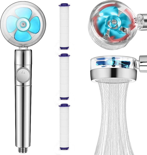Handheld Shower Head Turbocharged Unique Propeller Design with Filter and Pause Switch Adjustable Flow, 360 Degrees Rotating(Blue)