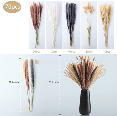 Natural Dried Pampas Grass 70Pcs, Include 20Pcs Brown Pampas 20 Pcs White and Black Pampas 10Pcs Fluffy Bunny Grass 20Pcs Reed Grass 17Inch Boho Flower Arrangements Pompous Bouquet Fall Home Decor