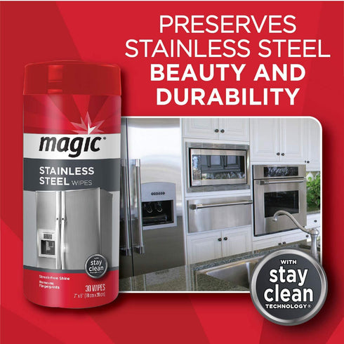 Magic Stainless Steel Wipes (2 Pack) Removes Fingerprints, Residue, Water Marks and Grease from Appliances - Works Great on Refrigerators, Dishwashers, Ovens - 30 Count