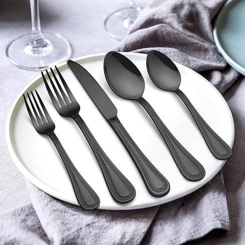 LIANYU 20-Piece Black Silverware Set for 4, Stainless Steel Flatware Cutlery Set with Pearled Edge, Home Kitchen Restaurant Tableware Utensils Include Knives Spoons Forks, Dishwasher Safe