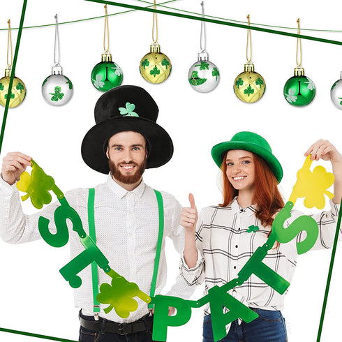 12 Pieces St. Patrick's Day Hanging Ornament Ball Green Shamrocks Plastic Ball Ornament 1.57 Inch Good Luck Clover Hat Balls Decorations Baubles with Hanging Rope for St. Patrick's Day Party Supplies