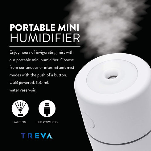 Treva Portable Mini Humidifier 150 ml Capacity, Cool Mist Ultrasonic Humidifier with Colored Light, USB Powered, Whisper Quiet with 2 Misting Modes