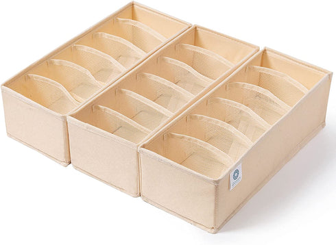Qozary 3 Pack Sock Underwear Drawer Organizer Dividers, Collapsible Cabinet Closet Storage Boxes for Clothes, Socks, Lingerie, Underwear, Tie, Belt, Baby, Bedroom (Beige, 6 Cells)