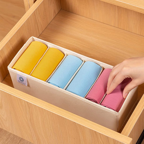 Qozary 3 Pack Sock Underwear Drawer Organizer Dividers, Collapsible Cabinet Closet Storage Boxes for Clothes, Socks, Lingerie, Underwear, Tie, Belt, Baby, Bedroom (Beige, 6 Cells)