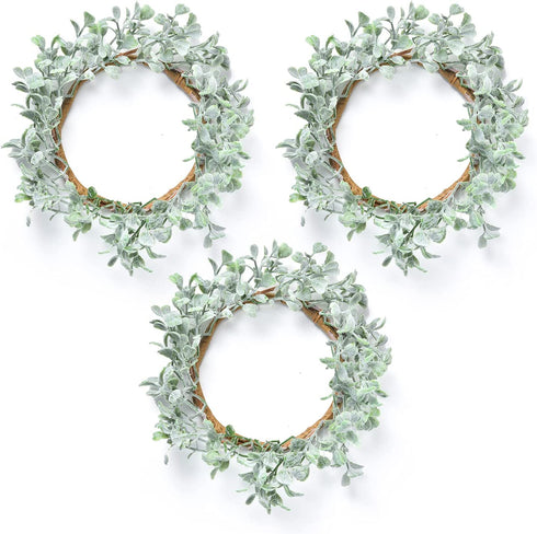 Feirui Pillar Candle Rings Set of 3, Frosted Boxwood Round Wreath Artificial Wreath Green Leaves Wreath Christmas Holiday Parties and Home Decor