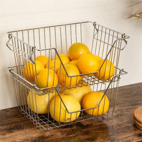 SANNO Stacking Basket Bin Pantry Freezer Storage Baskets Cabinet Organizer - Large Steel Metal Wire - Fruit, Vegetable, Onion, Potato, Cans - Kitchen 2 pack