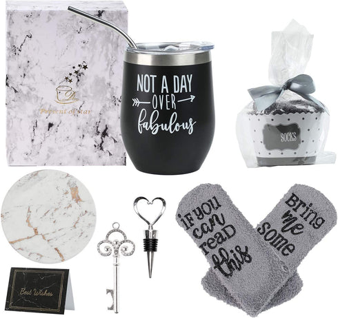 Birthday Gifts Set for Women, Not a Day Over Fabulous Tumbler, Fathers Day Funny Christmas Gifts Ideas for Women, Mom, Wife, Men, Husband, Dad, Sister, Aunt, Friends,12oz Tumbler with Lid (Black)