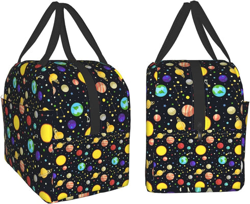 Cute Planet Insulated Black Lunch Bag for Teen Boys, Reusable Aesthetic Packit Freezable Cooler Totes Lunch Box for Office Work Picnic