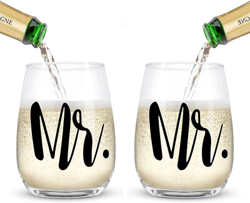 Mr and Mr Stemless Wine Glass Set of 2, Couple Wine Glass Gift for Gay Couple 15Oz - Gift Set for Engagement Wedding Birthday Anniversaries Valentine's Day - Ideal for Him, Male Couples, Pride Couples