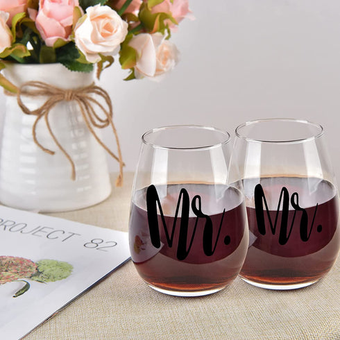 Mr and Mr Stemless Wine Glass Set of 2, Couple Wine Glass Gift for Gay Couple 15Oz - Gift Set for Engagement Wedding Birthday Anniversaries Valentine's Day - Ideal for Him, Male Couples, Pride Couples