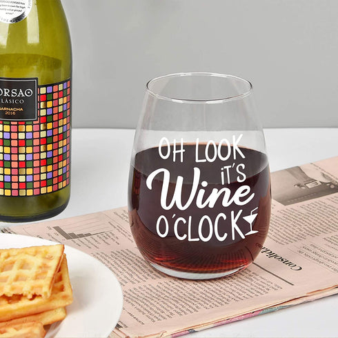 Oh Look It's Wine O™clock Stemless Wine Glass, Wine Gifts for Women Men Friends Her Him Coworkers Wine Lovers Congratulation Birthday Christmas, 15Oz Wine Glass with Funny Words