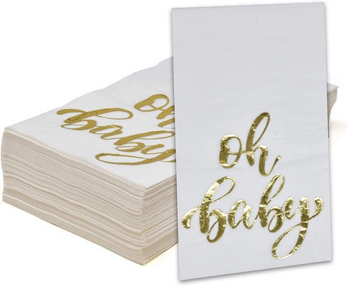 100 Gold Baby Shower Guest Napkins Oh Baby Elegant Dinner Hand Napkin Disposable Paper Pack for Neutral Boy Girl Gender Reveal Party Supplies Powder Room Bathroom Metallic Golden Foil Decorative Towel