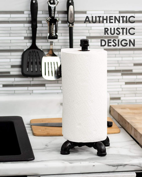 Pipe D‰COR Black Electroplated Industrial Paper Towel Holder, Rustic Kitchen Farmhouse Decoration, Durable Metal Base and Stand Set
