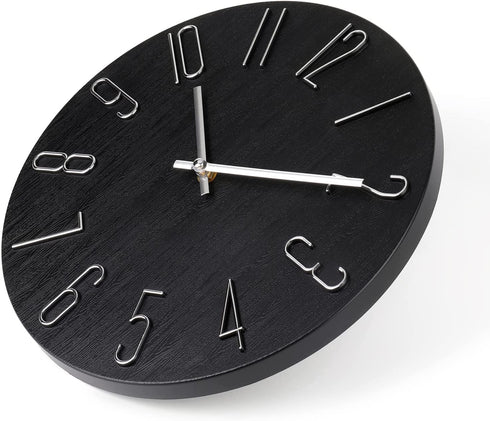 Wall Clock 12" Silent Non-Ticking Modern Style Wooden Wall Clocks Decorative for Office Home Bedroom School (Black)