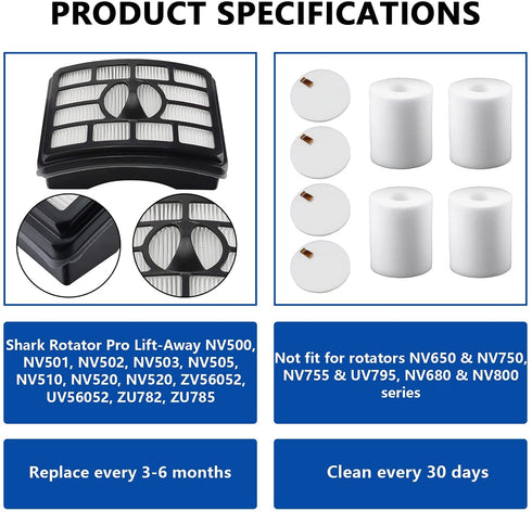 Replacement Filters for Shark Rotator Pro Lift-Away NV500, NV501, NV502, NV503, NV505, NV510, NV520, NV552, UV560, Compared to Part # XFF500 & XHF500 (2 Post Filters + 4 Foam & Felt Filters)