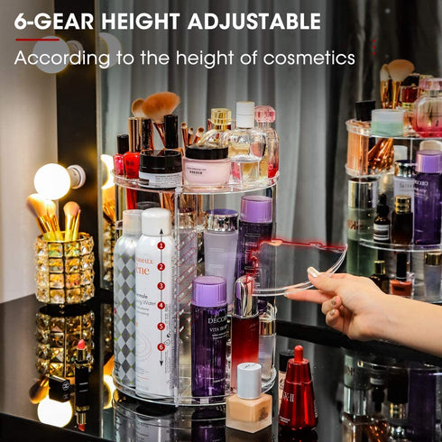Adjustable Cosmetic Organizer Cosmetics Countertop - Rotating Makeup Storage Acrylic Multi Accessories Organizers Fits Jewelry Toiletry Bathroom (Clear)