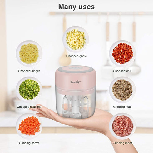 Electric Mini Garlic Chopper 2PCS Cups, Wireless Powerful Garlic Press Chopper, Portable 250ml+100ml Cups Garlic Blender For Vegetable, Fruit, Onions, Meat, Salad, Baby Food, IP68 Waterproof (Pink)