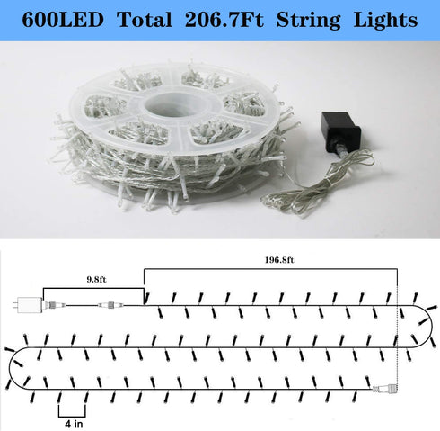 YAOZHOU Cool White Christmas String Lights Indoor Outdoor IP44 Waterproof 196.8Ft 600LED 8 Modes Cool White Fairy Decor Lights for Holiday,Party,Wedding,Garden(Cool White)