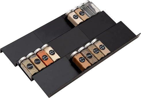 IHOMECOOKER Expandable Spice Rack Drawer Organizer for Kitchen Cabinets- 3 Tiers for Salt, Pepper Spice Jars, Seasonings, Vitamins , Set of 9- Black