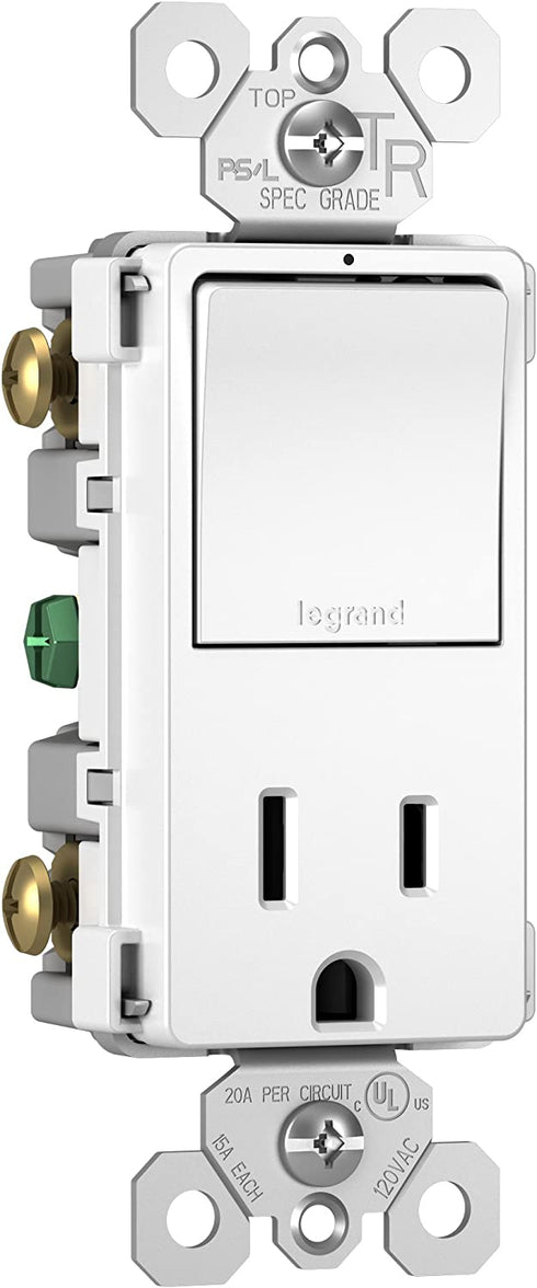 Legrand radiant 15 Amp Combination Switches, Rocker Wall Light Switch, White, Combination 3-Way Switch + Outlet, RCD38TRWCC6