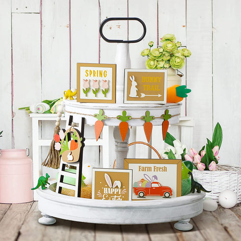 7 Pieces Tiered Tray Decor Set Farmhouse Farm Tiered Tray Decor Items Summer Sunflower Watermelon Bee Lemon Theme Mini Wooden Signs for Easter Graduation Home Kitchen Decorations (Rabbit Style)