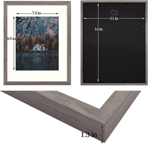 Frametory, 11x14 Frame for 8x10 Photo Smooth Wood Grain Finish Frame with Ivory Mat for Photo - Includes Sawtooth Hangers and Real Glass - Landscape/Portrait, Wall Display (Grey, 1 Pack)