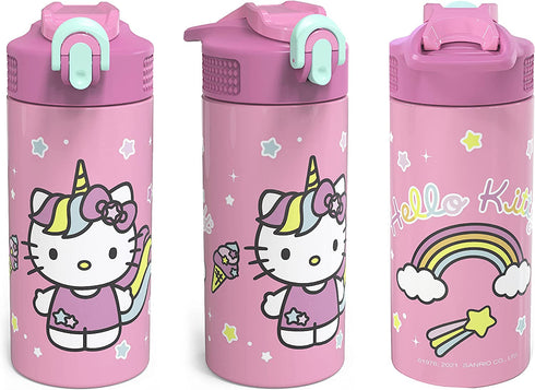 Zak Designs Sanrio Hello Kitty Vacuum Insulated, Stainless Steel Kids Water Bottle with Flip-Up Straw Spout and Locking Spout Cover, Durable Cup for Sports or Travel (14 oz, 18/8 SS)