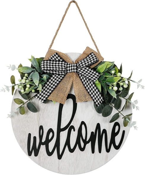 KHOYIME Welcome Sign for Front Porch - Rustic Wooden Door Hanger Farmhouse Front Door Decorations for Home Restaurant (White)
