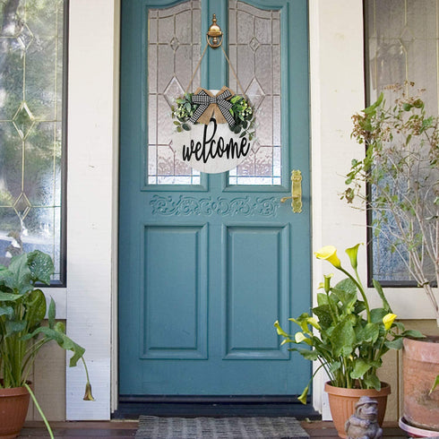 KHOYIME Welcome Sign for Front Porch - Rustic Wooden Door Hanger Farmhouse Front Door Decorations for Home Restaurant (White)