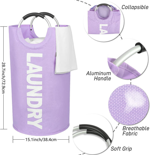 Laundry Basket, Roiroiko Waterproof 82L Large Collapsible Fabric Laundry Hamper, Foldable Clothes Storage Washing Bag Washing Bin with Alloy Handles for College Bathroom Travel (purple, Large)